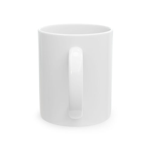 White mug with a cute brown cat illustration on a white background