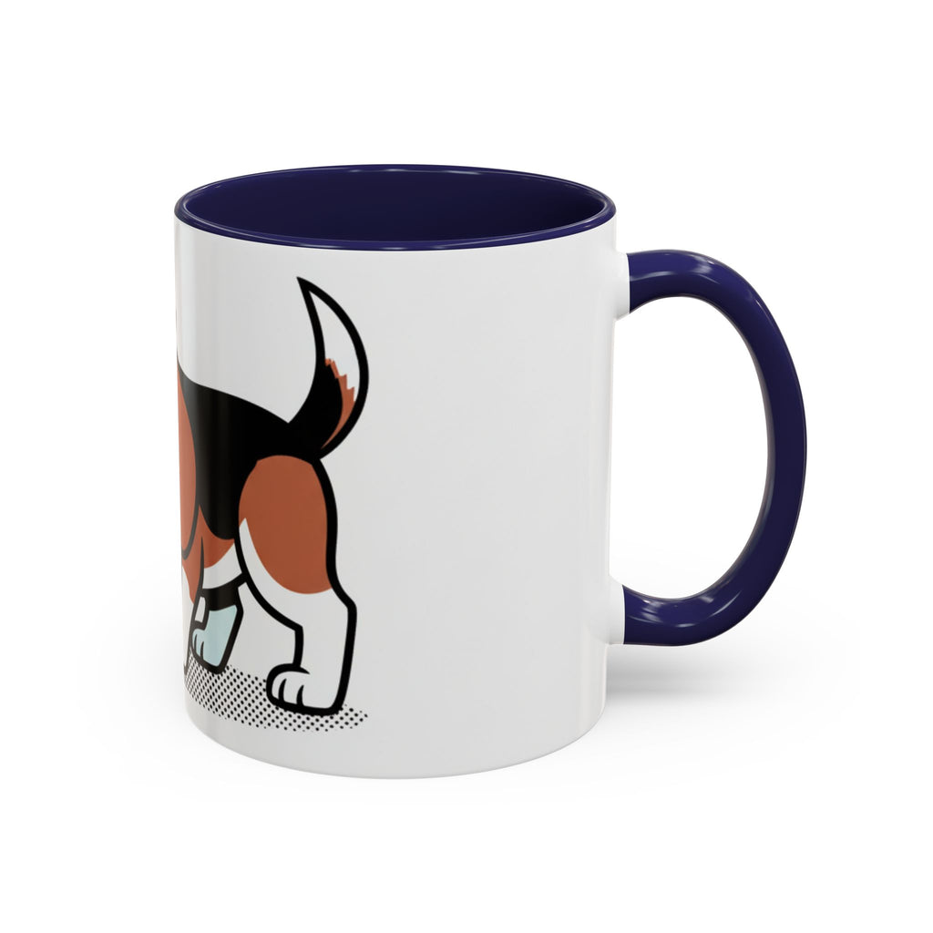 Detective Beagle mug featuring a beagle with a magnifying glass, navy blue handle, and white body.
