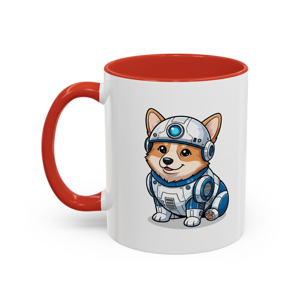 Corgi R2-D2 coffee mug with a red handle, featuring a cartoon corgi in a droid costume.