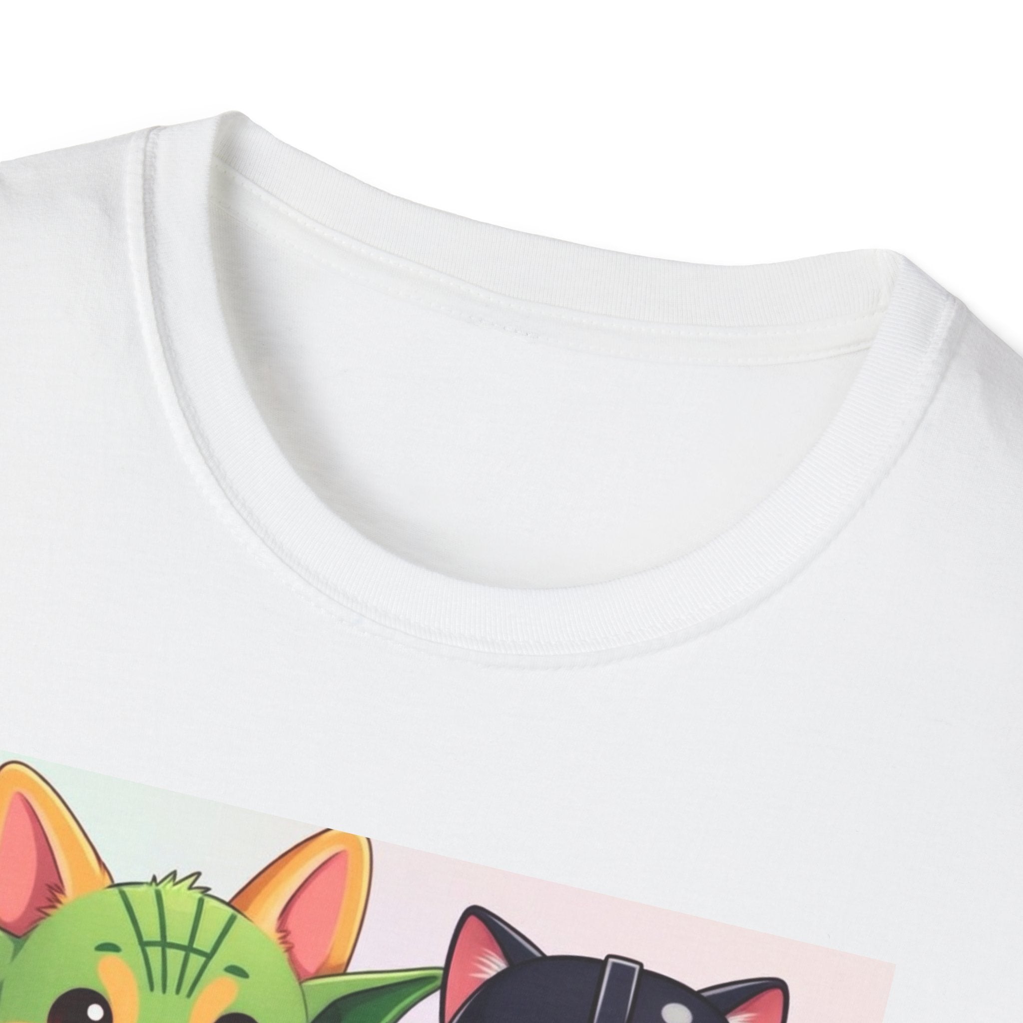 Pawsitive Force T-shirt featuring cartoon cat and dog designs on a white background, showcasing a playful Star Wars theme.