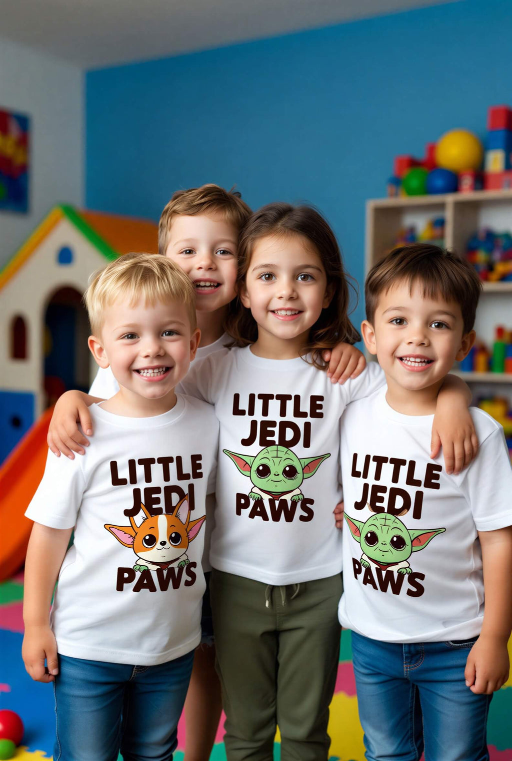 Little Space Paws hamster toddler t-shirt in white, featuring cartoon characters and "Little Jedi Paws" text.