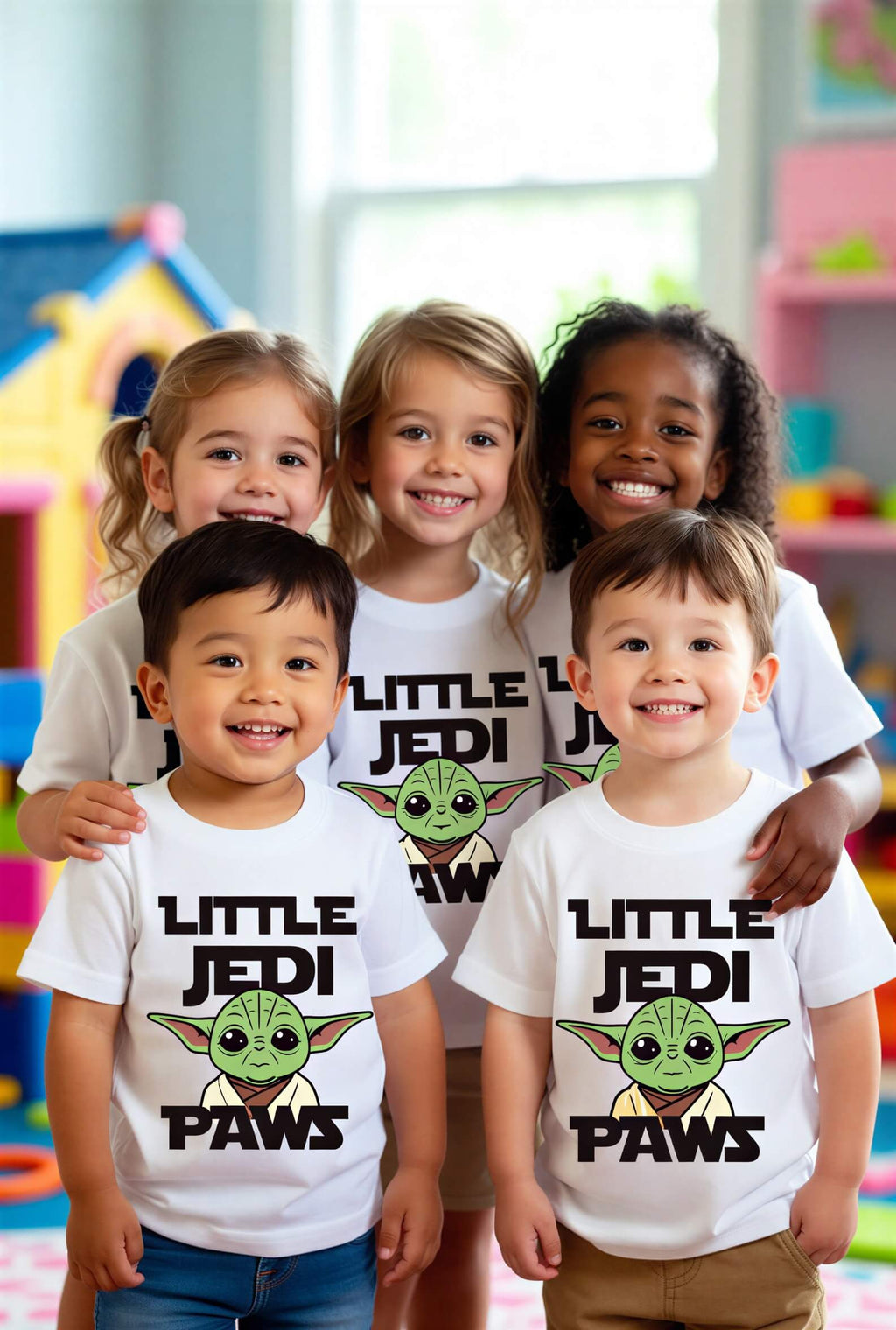 Little Space Paws hamster toddler t-shirt in white, featuring a green character graphic and black text, worn by smiling ch...