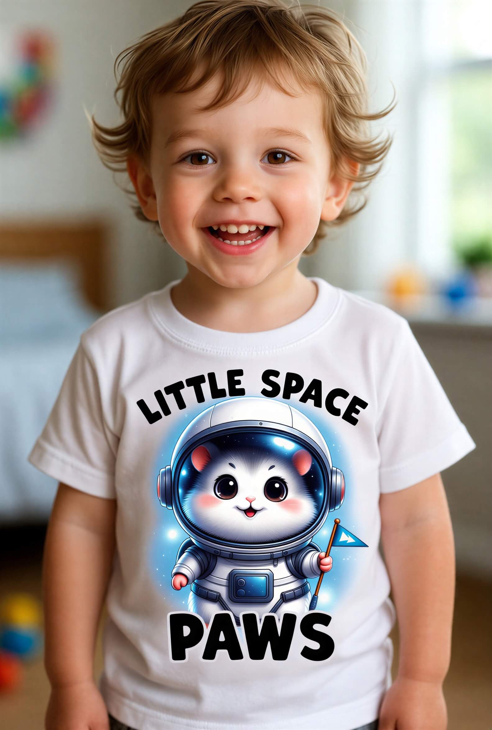 Cute space hamster toddler t-shirt featuring a smiling hamster in an astronaut suit with the text "Little Space Paws.