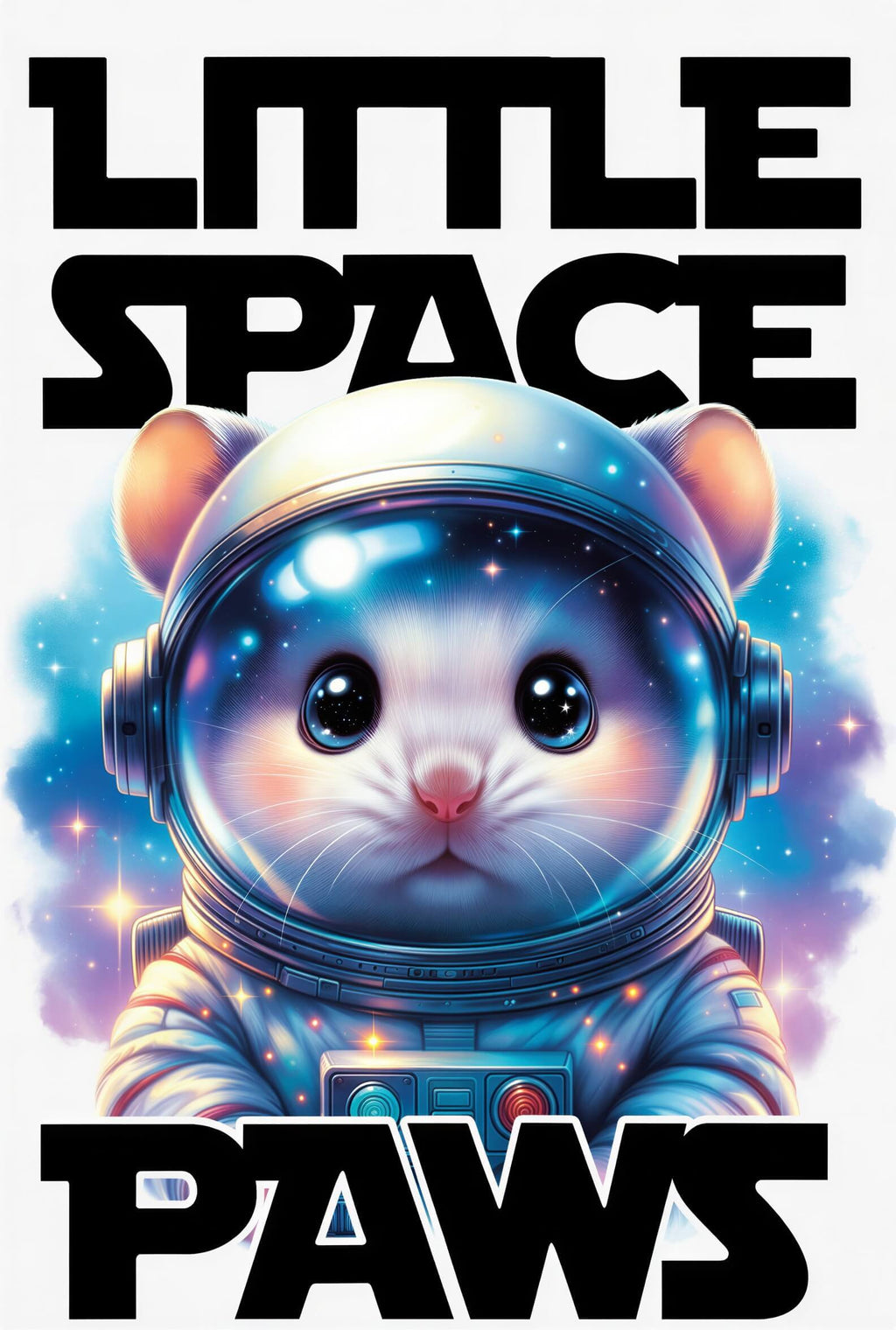 Cute space hamster graphic wearing an astronaut helmet with the text "Little Space Paws" in bold black letters.