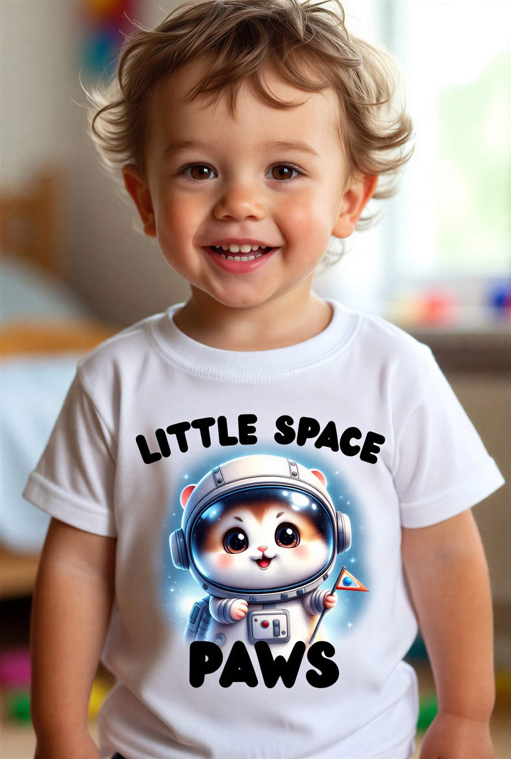 Toddler wearing a white t-shirt with a cartoon hamster in a space suit and the text "Little Space Paws.