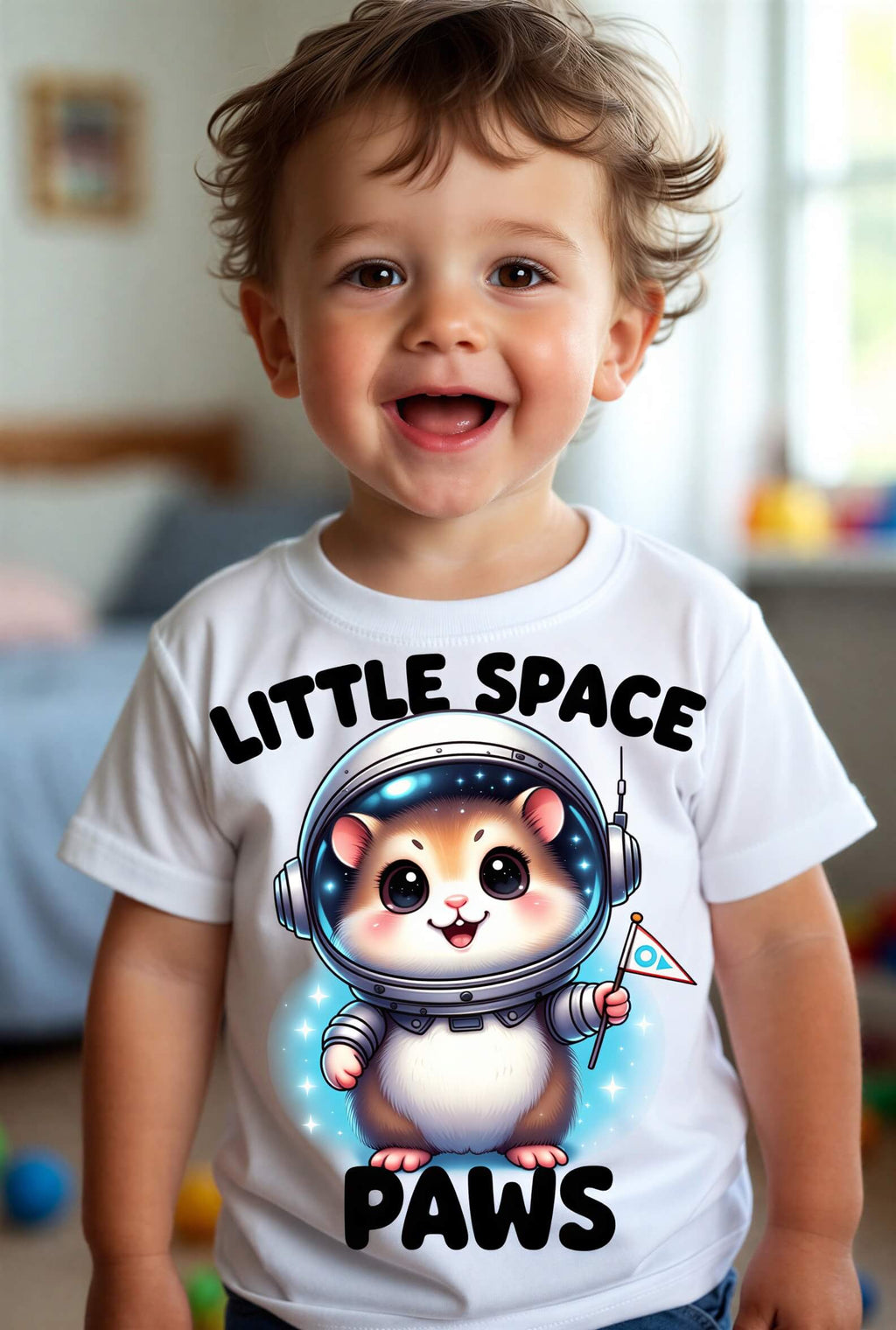 Toddler wearing a white t-shirt featuring a cartoon hamster in a space helmet with the text "Little Space Paws.