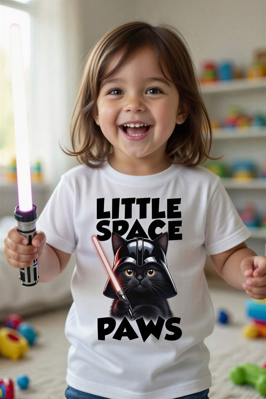 Toddler wearing a white t-shirt with "Little Space Paws" text and a cartoon black cat dressed as Darth Vader.