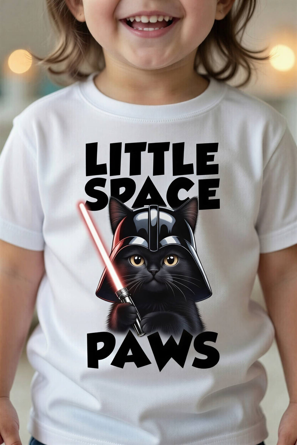 Darth Vader cat toddler t-shirt featuring a black cat with a lightsaber and the text "Little Space Paws" in bold.