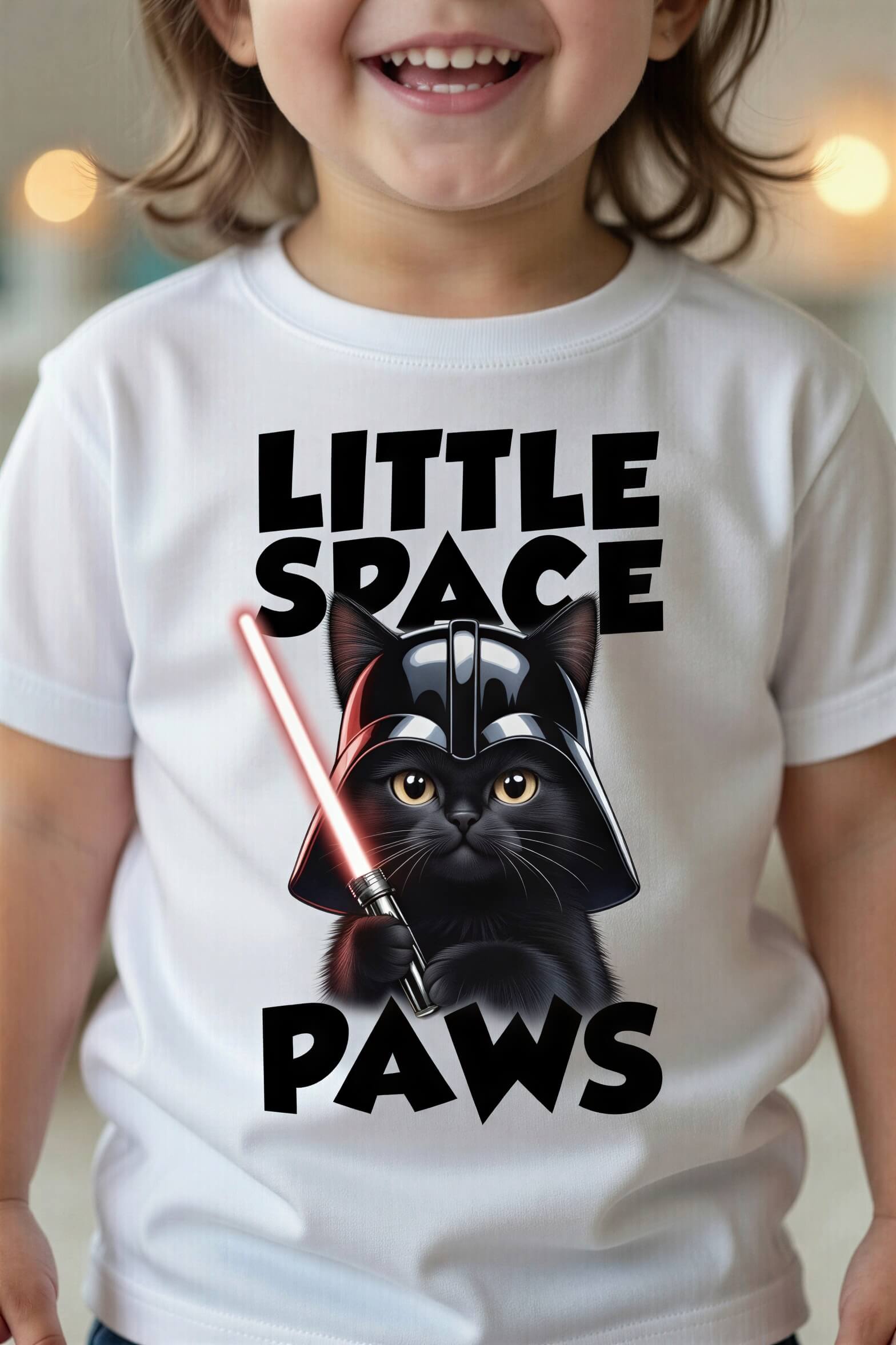 Darth Vader cat toddler t-shirt featuring a black cat with a lightsaber and the text "Little Space Paws" in bold.