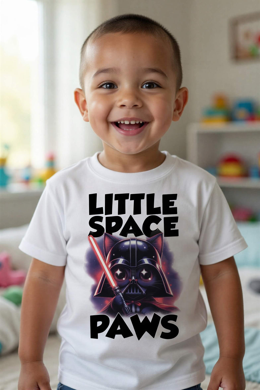 Toddler wearing a white t-shirt with a graphic of a cat dressed as Darth Vader and the text "Little Space Paws.