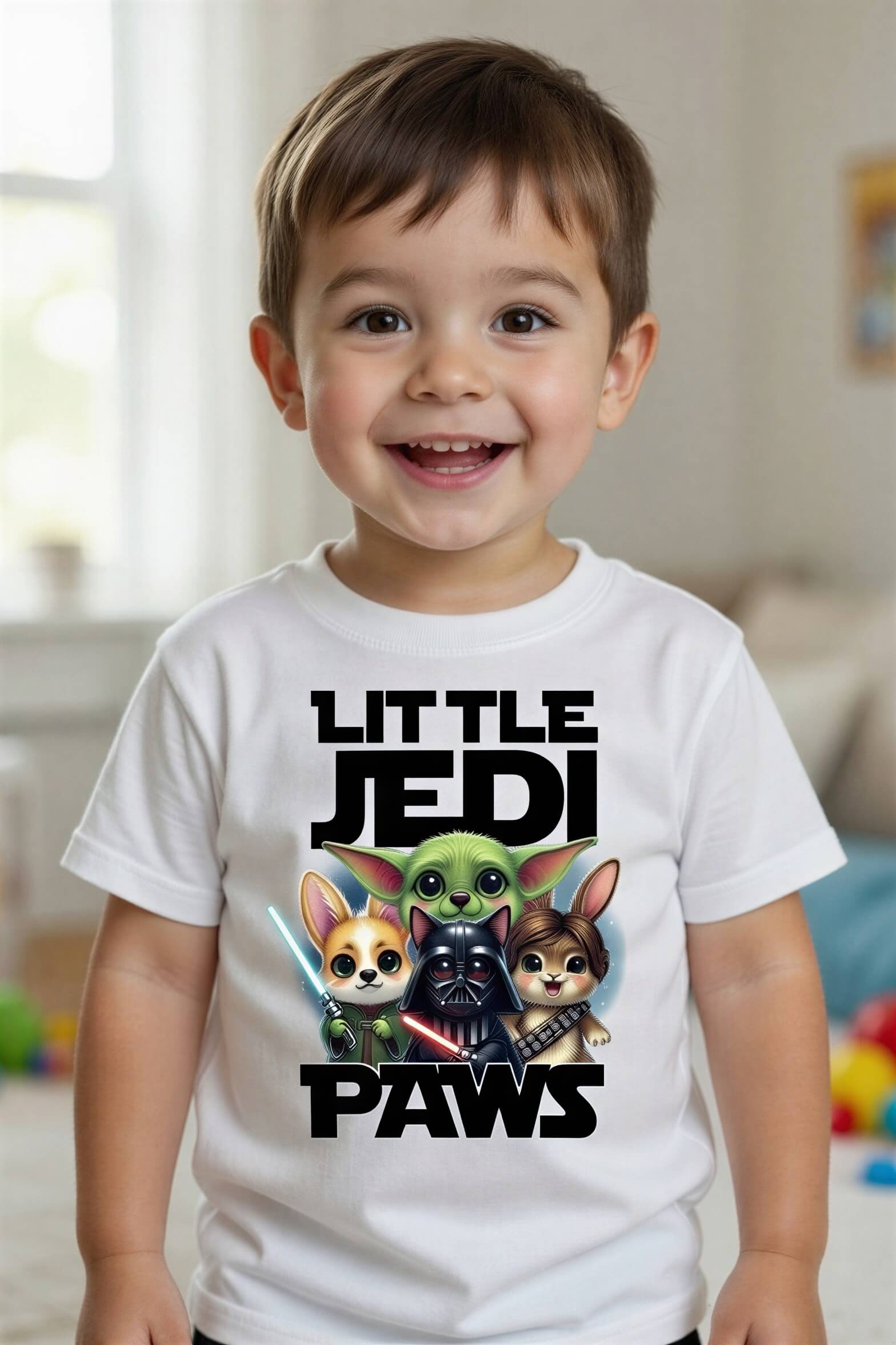 Toddler wearing a white tee featuring cartoon Yoda, Darth Vader, and Chewbacca with the text "Little Jedi Paws.