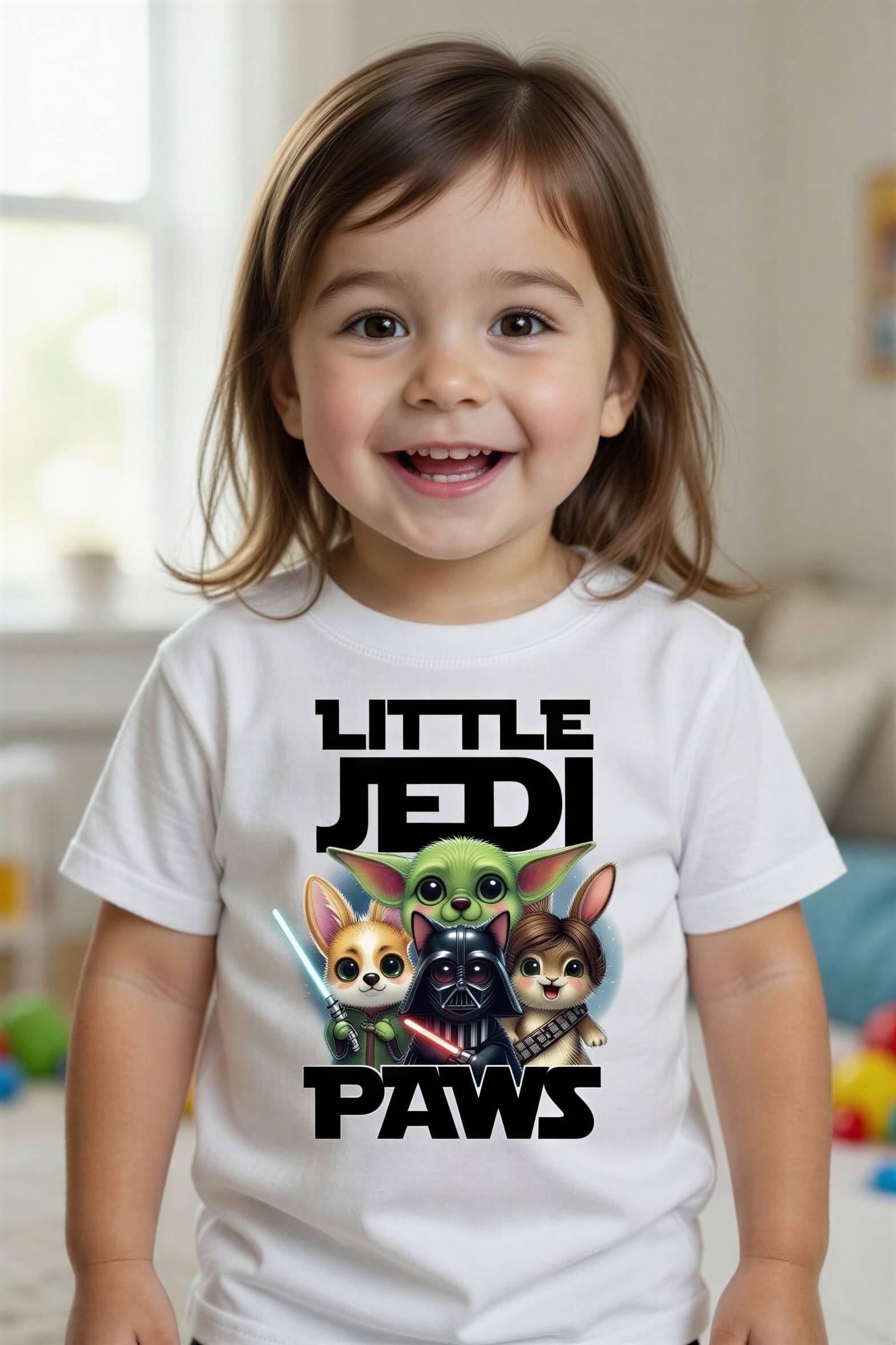 Toddler wearing a white tee featuring cartoon Yoda, Darth Vader, and Chewbacca with the text "Little Jedi Paws.