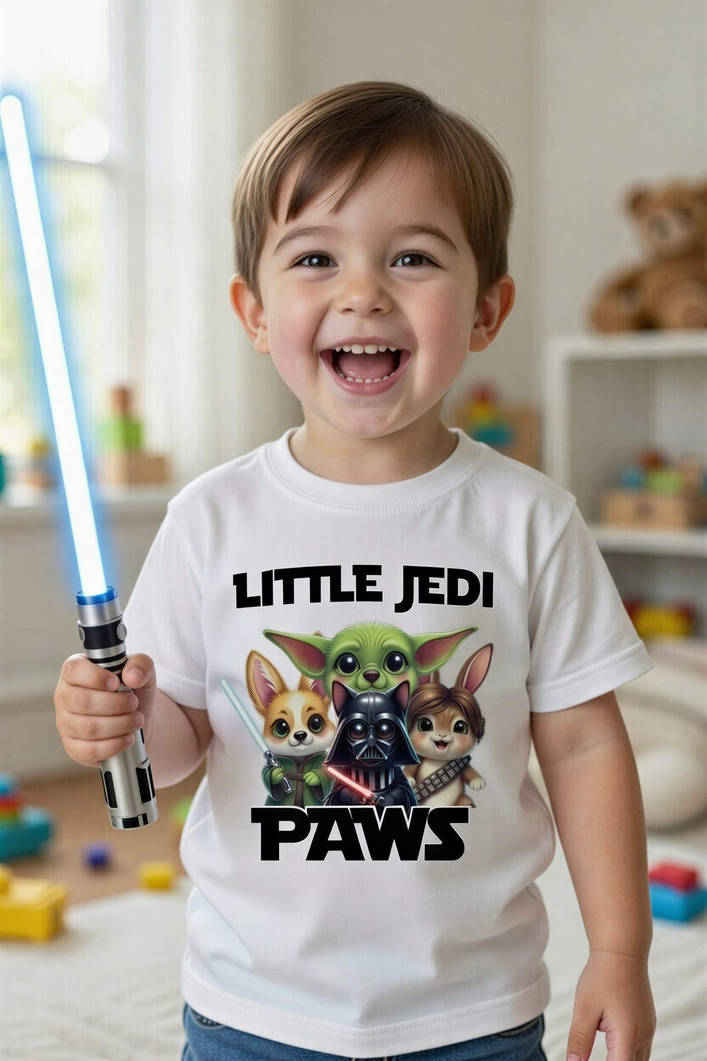 Toddler wearing a white tee with "Little Jedi Paws" and cartoon Yoda, Vader, and Chewie designs, holding a blue lightsaber.