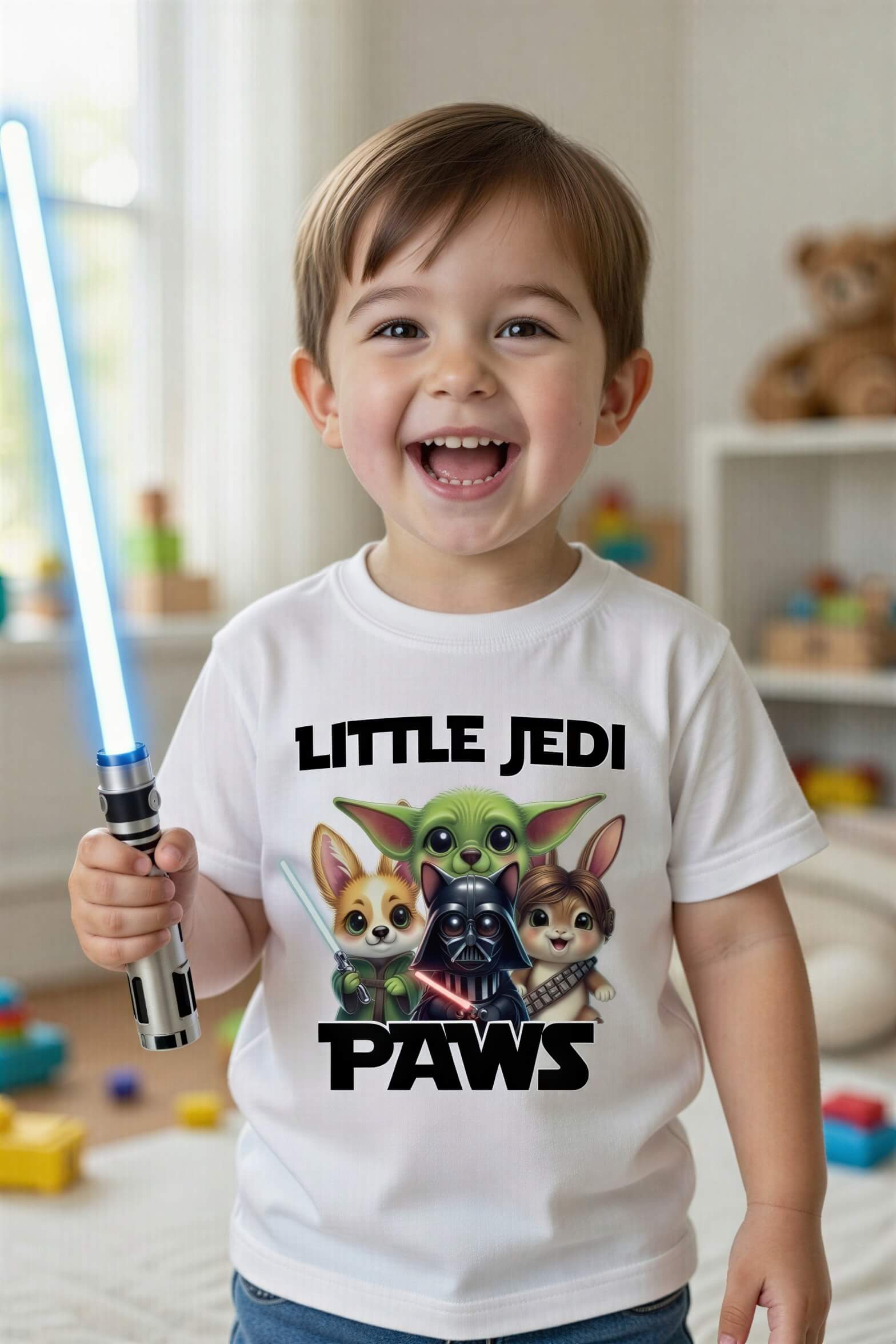 Toddler wearing a white tee with "Little Jedi Paws" and cartoon Yoda, Vader, and Chewie designs, holding a blue lightsaber.