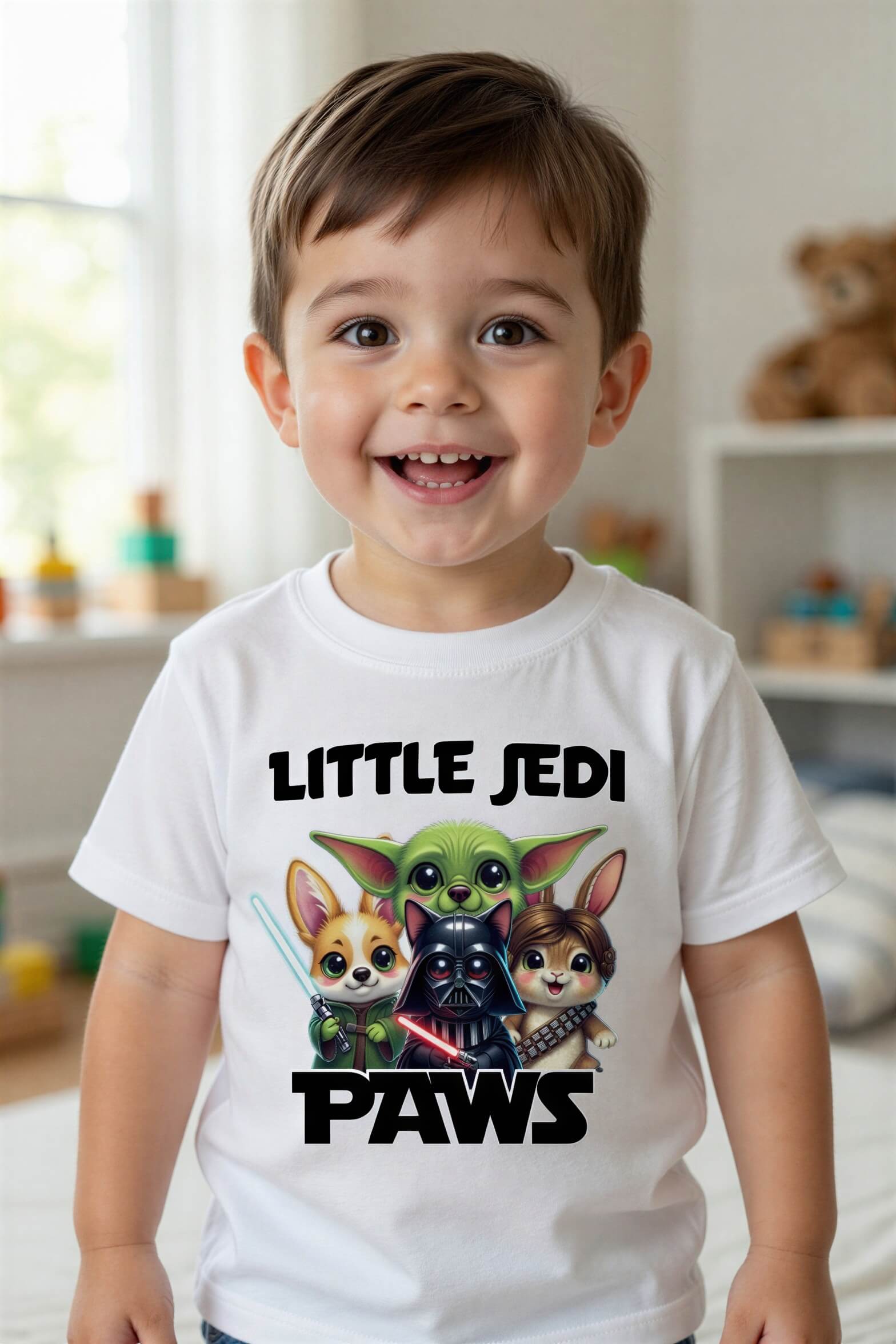 Toddler wearing a white tee featuring cartoon characters Yoda, Darth Vader, and Chewbacca with "Little Jedi Paws" text.