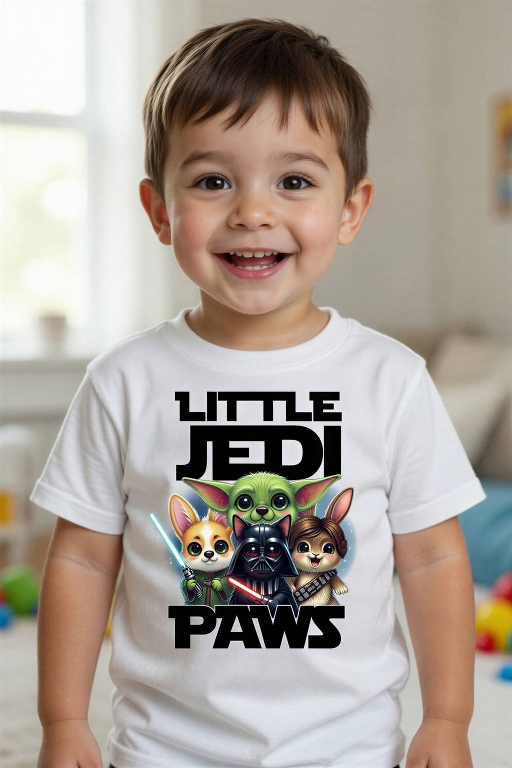 Toddler wearing a white tee featuring cartoon mashups of Yoda, Darth Vader, and Chewbacca with the text "Little Jedi Paws.