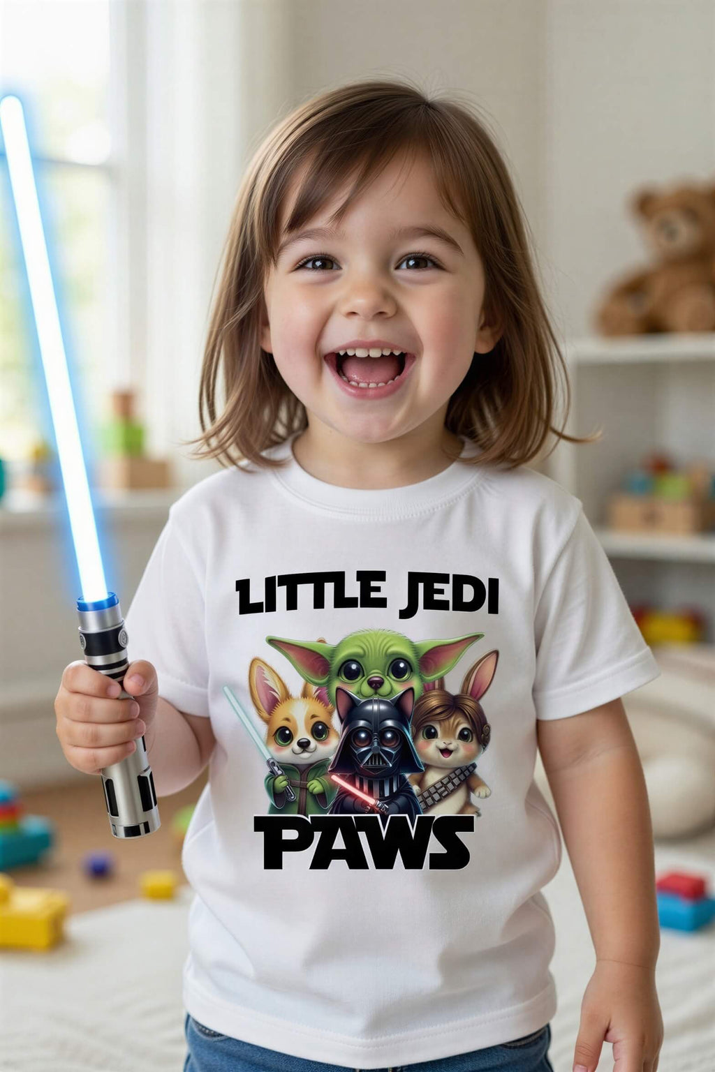Toddler wearing a white tee featuring Yoda, Darth Vader, and Chewbacca with the text "Little Jedi Paws.