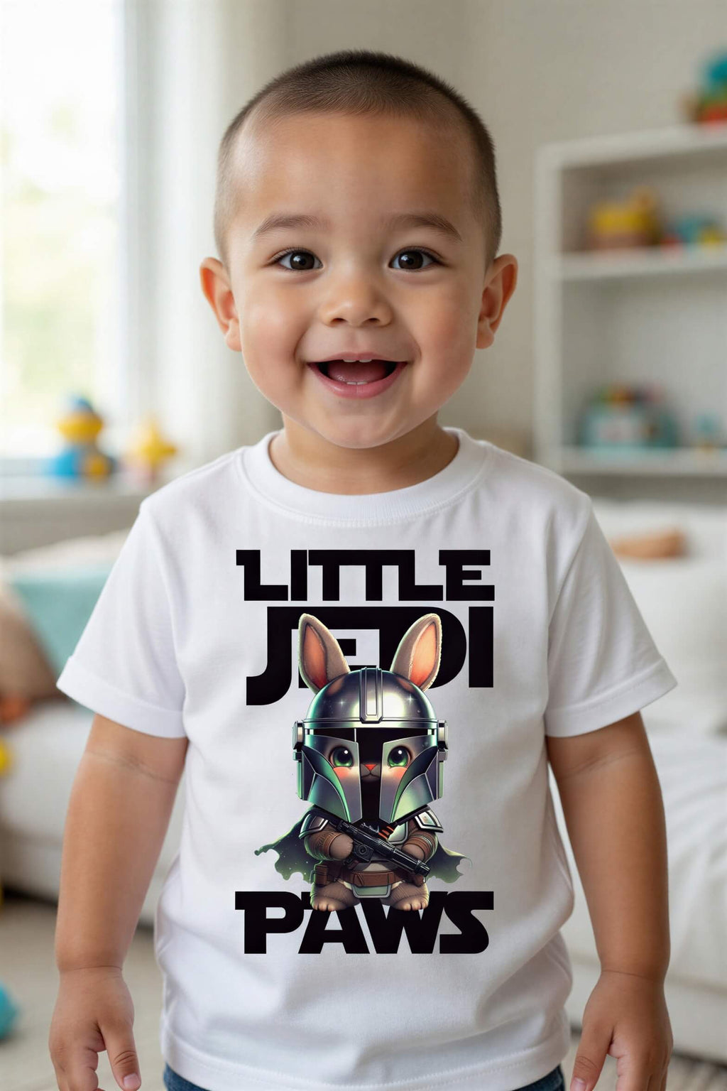 Mandalorian bunny toddler t-shirt featuring a smiling child wearing a white tee with a cartoon bunny in armor.