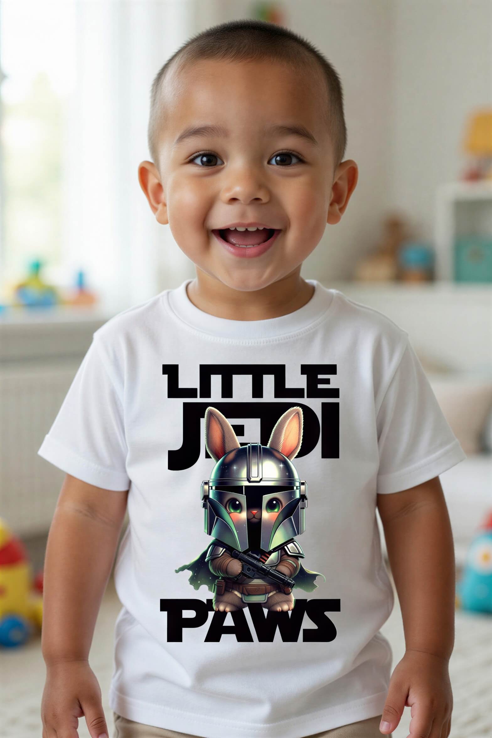 Mandalorian bunny toddler t-shirt in white featuring a smiling child wearing the shirt with a graphic design.