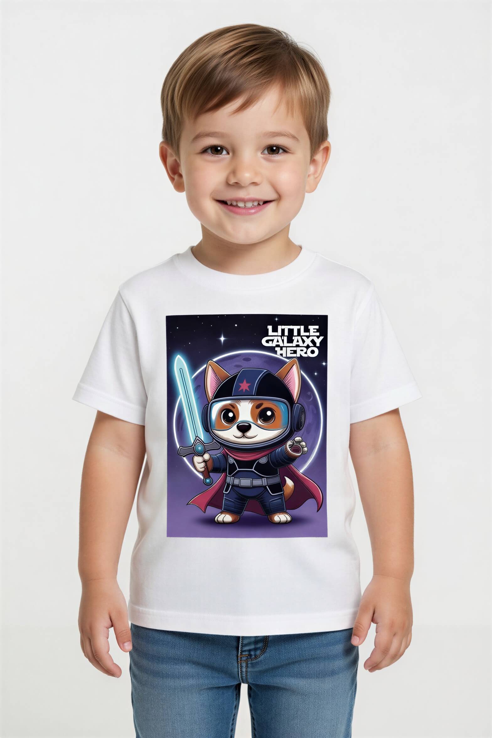 Little Galaxy Hero kids t-shirt featuring a cartoon space puppy in a superhero outfit with a lightsaber.