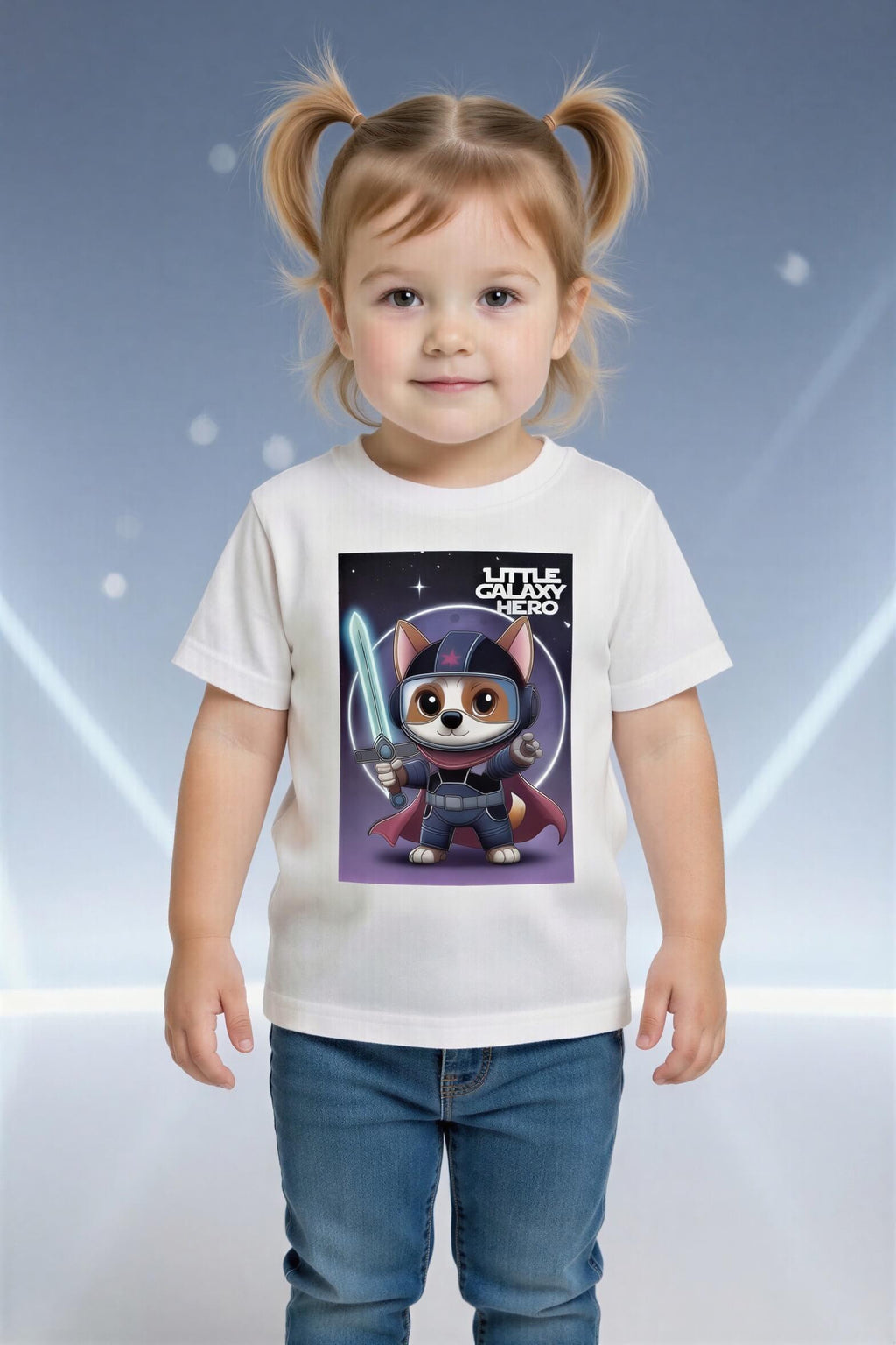 Little Galaxy Hero kids t-shirt featuring a space puppy cartoon in a warrior outfit, worn by a child.