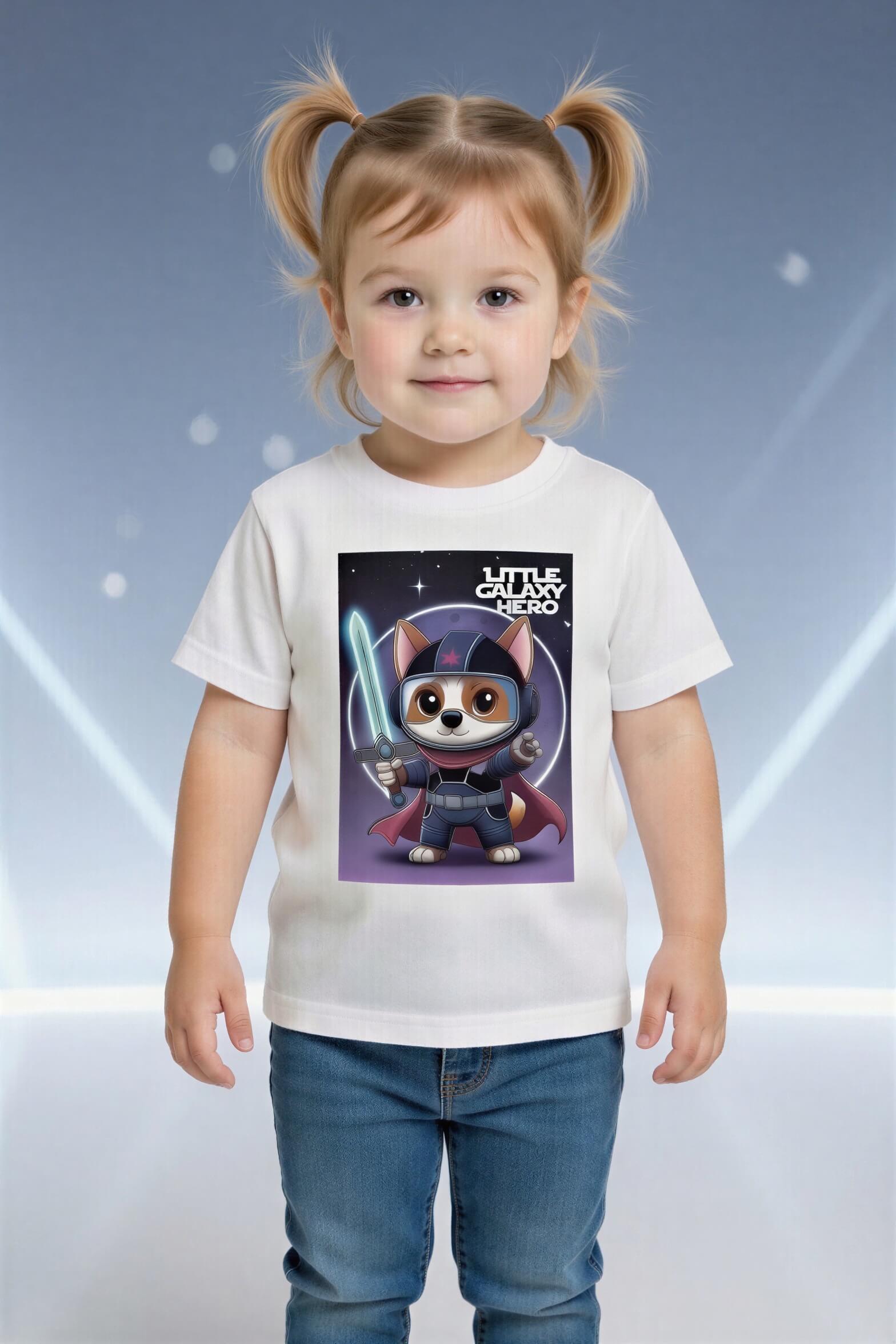Little Galaxy Hero kids t-shirt featuring a space puppy cartoon in a warrior outfit, worn by a child.