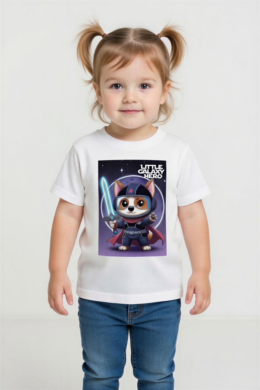 Little Galaxy Hero kids t-shirt featuring a cartoon space puppy with a lightsaber, worn by a child.