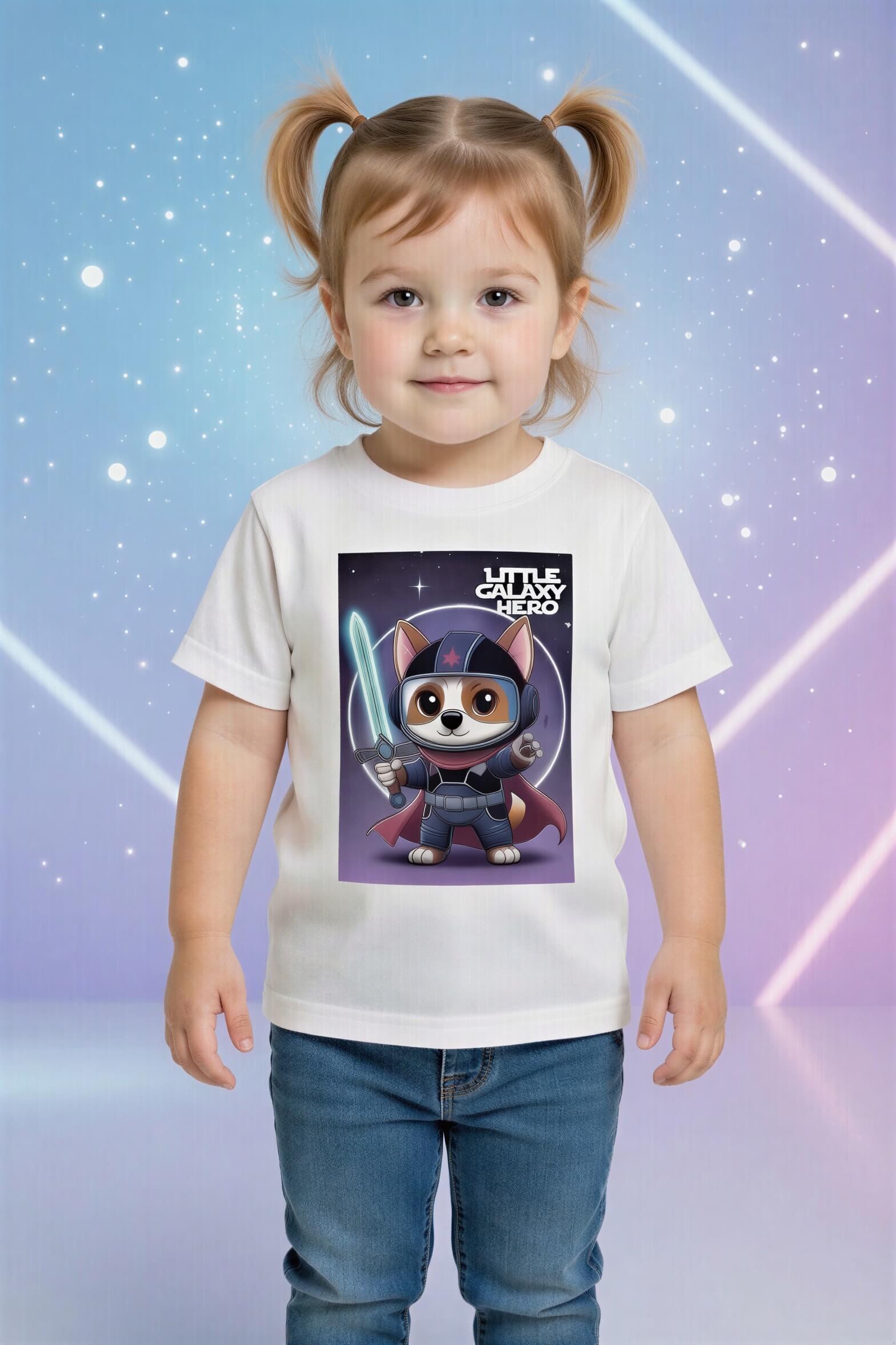 Little Galaxy Hero kids t-shirt featuring a cartoon space puppy in a space suit, worn by a child against a starry background.