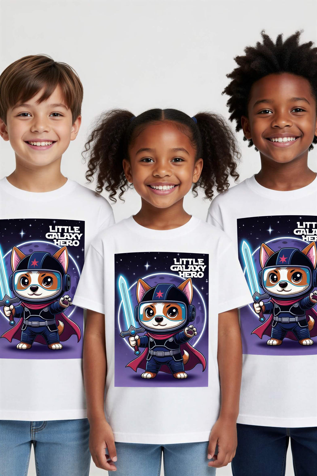 Little Galaxy Hero kids t-shirt featuring a cartoon space puppy in a superhero costume with a lightsaber.