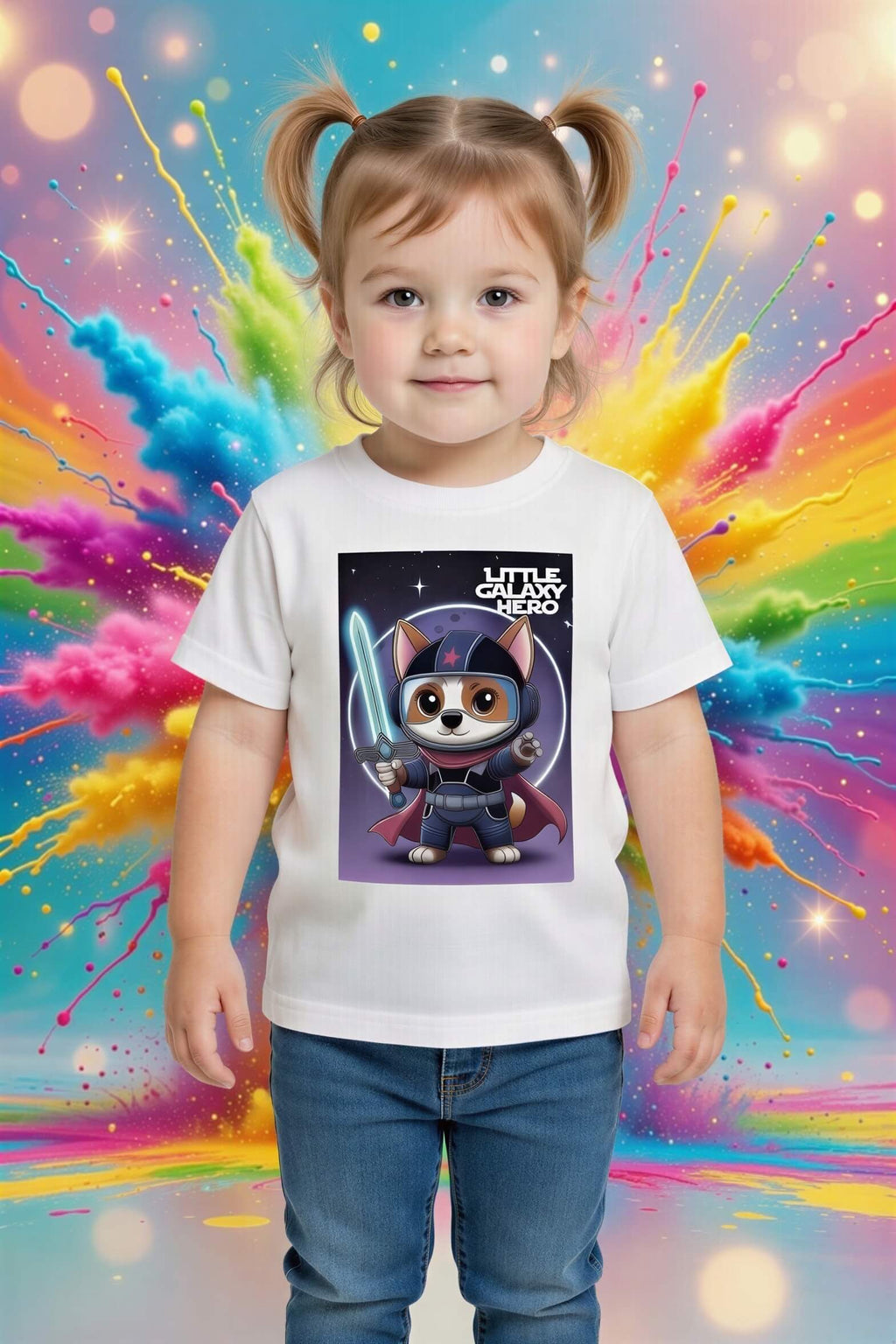 Little Galaxy Hero kids t-shirt featuring a cartoon space puppy in a costume, worn by a child against a colorful background.