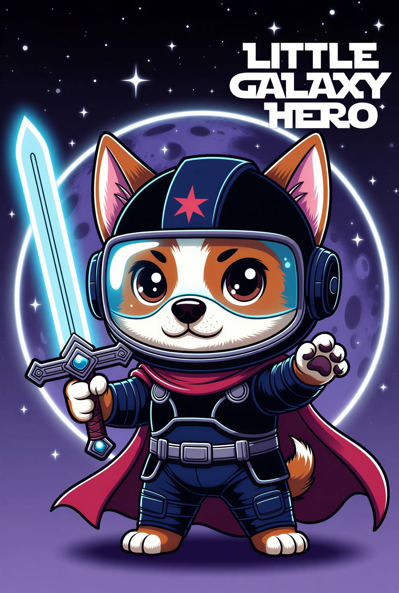 Little Galaxy Hero kids t-shirt featuring a cartoon space puppy in a helmet, holding a sword against a starry background.