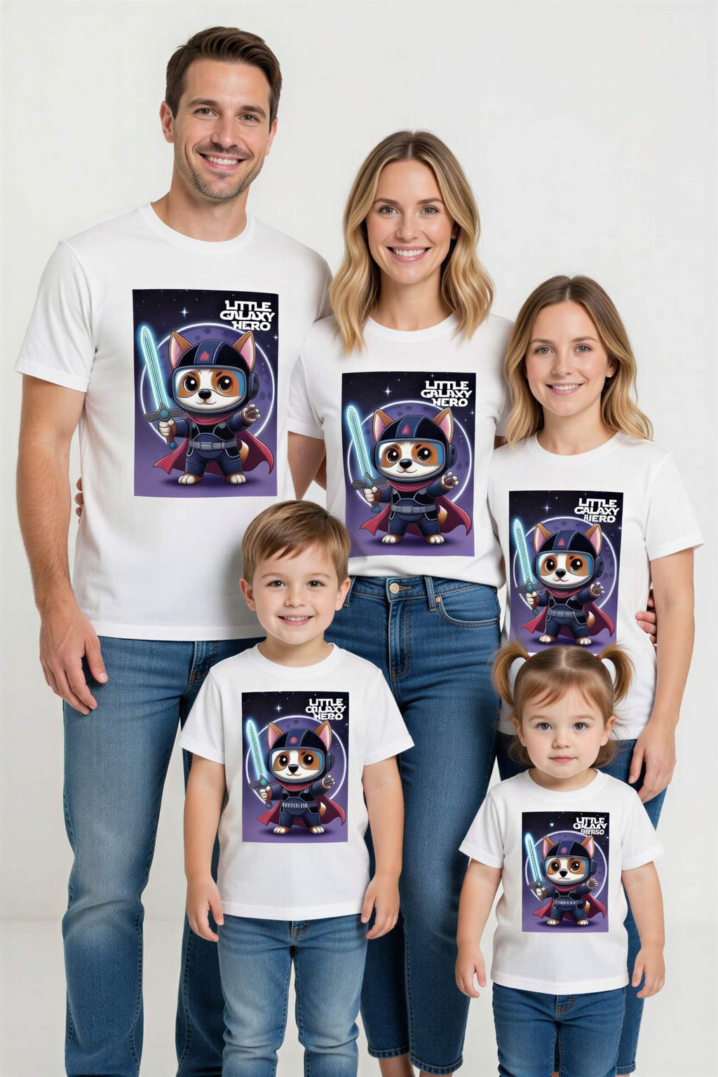 Little Galaxy Hero kids t-shirt featuring a cartoon space puppy in a superhero outfit, worn by a family.