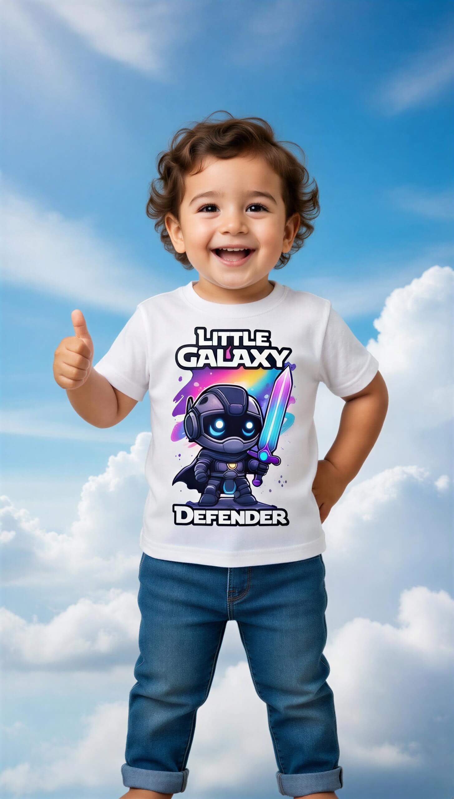 Little Galaxy Defender kids t-shirt featuring a cartoon space warrior with a lightsaber, worn by a smiling child.
