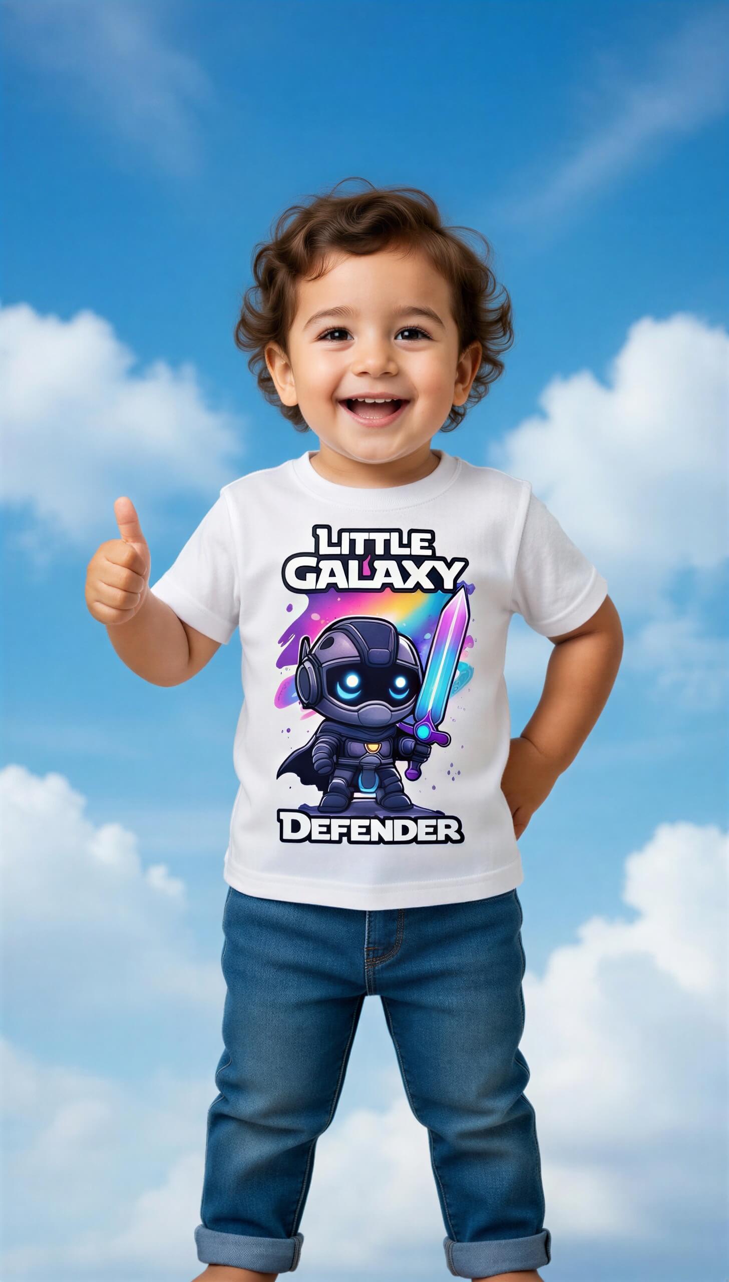 Little Galaxy Defender kids t-shirt featuring a cartoon space warrior, worn by a smiling child against a blue sky background.