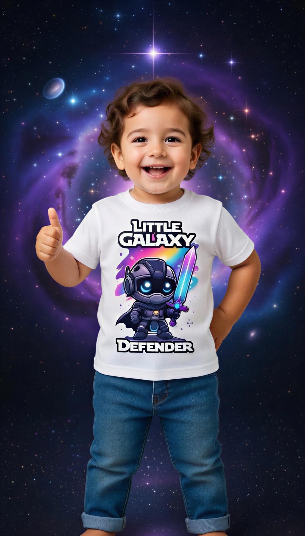 Little Galaxy Defender kids t-shirt featuring a cartoon space warrior on a child against a cosmic background.