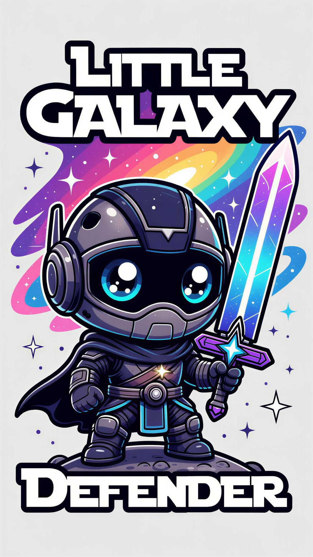 Little Galaxy Defender kids t-shirt featuring a cartoon space warrior with a sword and colorful cosmic background.