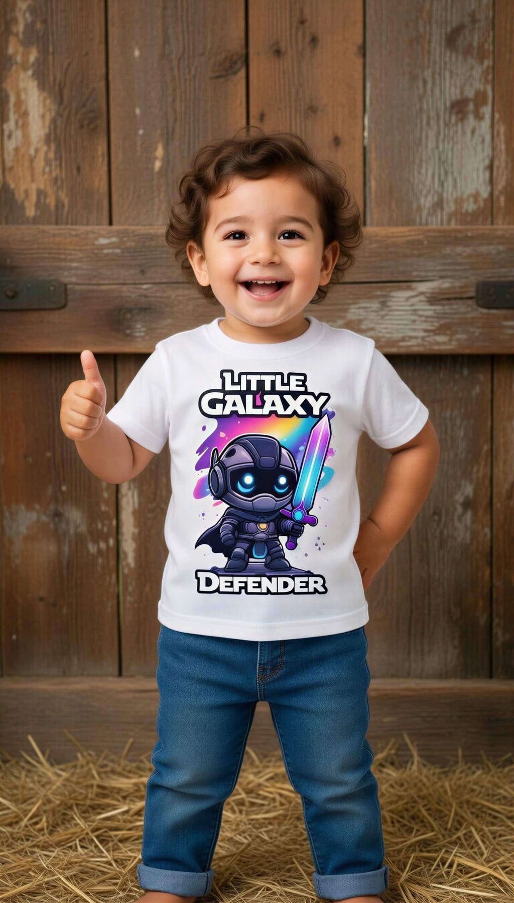Little Galaxy Defender kids t-shirt featuring a cartoon space warrior with a lightsaber, worn by a smiling child.