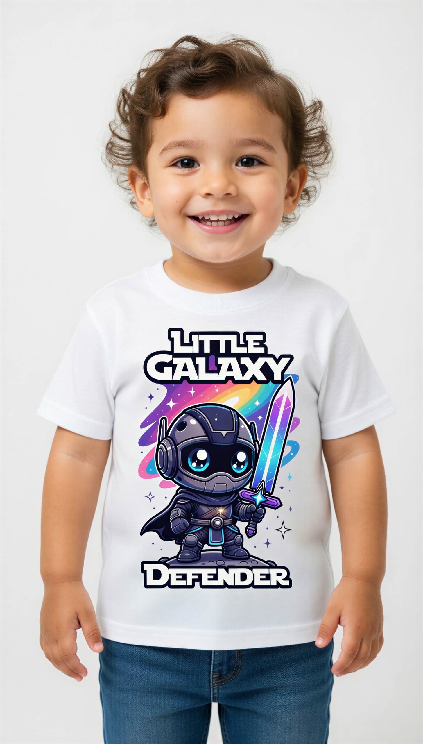 Little Galaxy Defender kids t-shirt featuring a cartoon space warrior with a sword and colorful cosmic background.