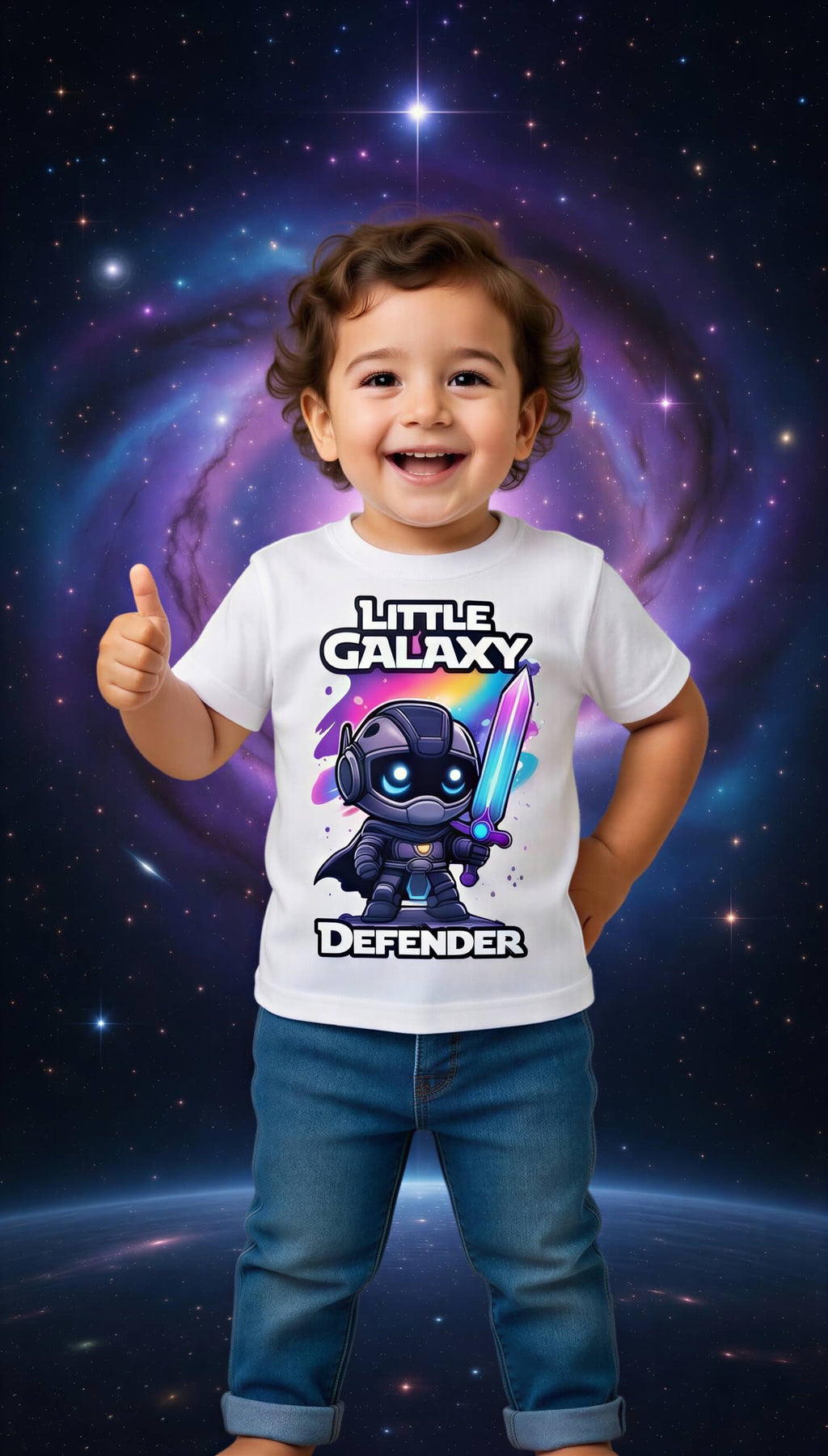 Little Galaxy Defender kids t-shirt featuring a cartoon space warrior, worn by a smiling child with curly hair.