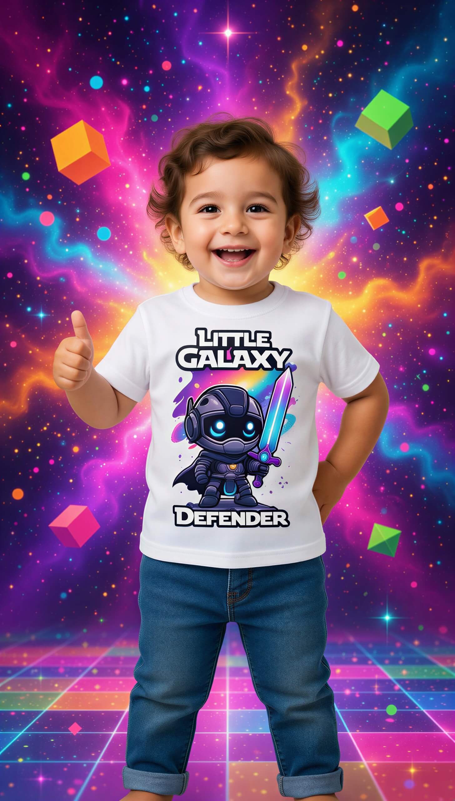 Little Galaxy Defender kids t-shirt featuring a cartoon space warrior on a colorful cosmic background.