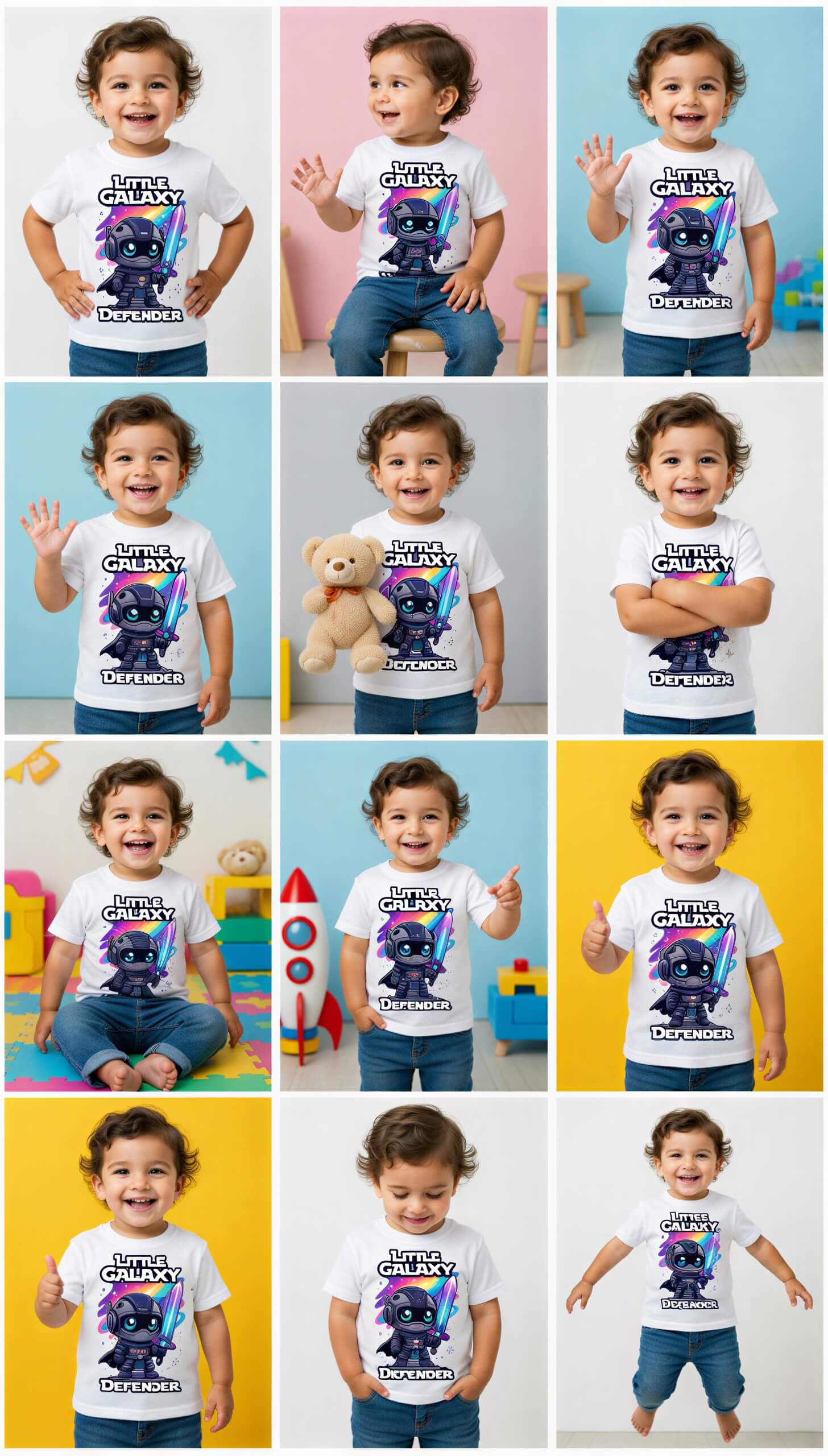 Little Galaxy Defender kids t-shirt featuring a cartoon space warrior design, worn by a smiling child in a playful setting.
