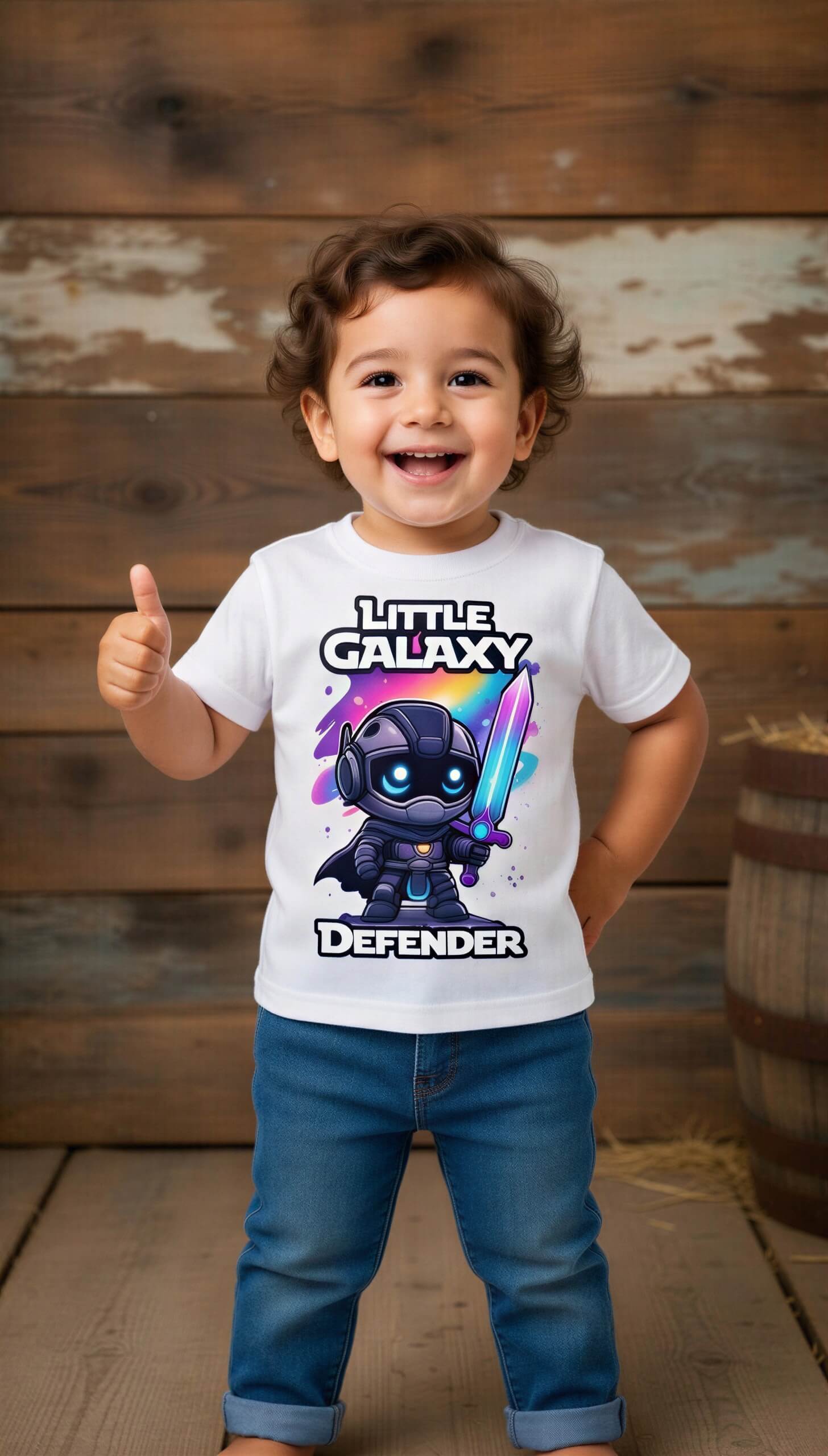 Little Galaxy Defender kids t-shirt featuring a cartoon space warrior with a lightsaber, worn by a smiling child.