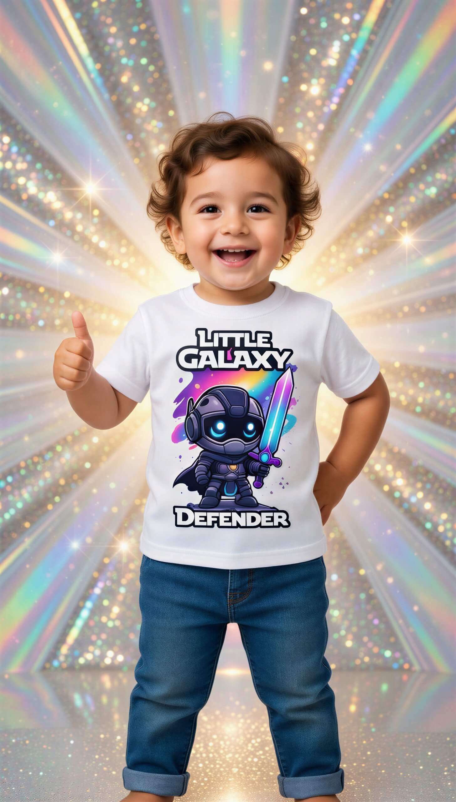 Little Galaxy Defender kids t-shirt featuring a cartoon space warrior with a lightsaber, worn by a smiling child.