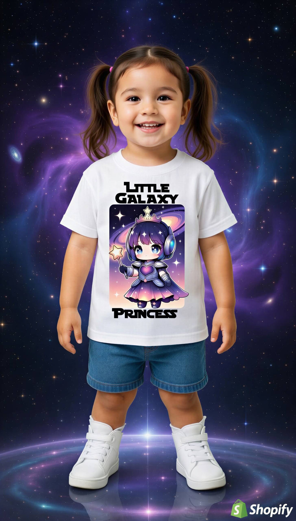 Little Galaxy Princess kids t-shirt featuring a cartoon girl in space attire, set against a cosmic background.
