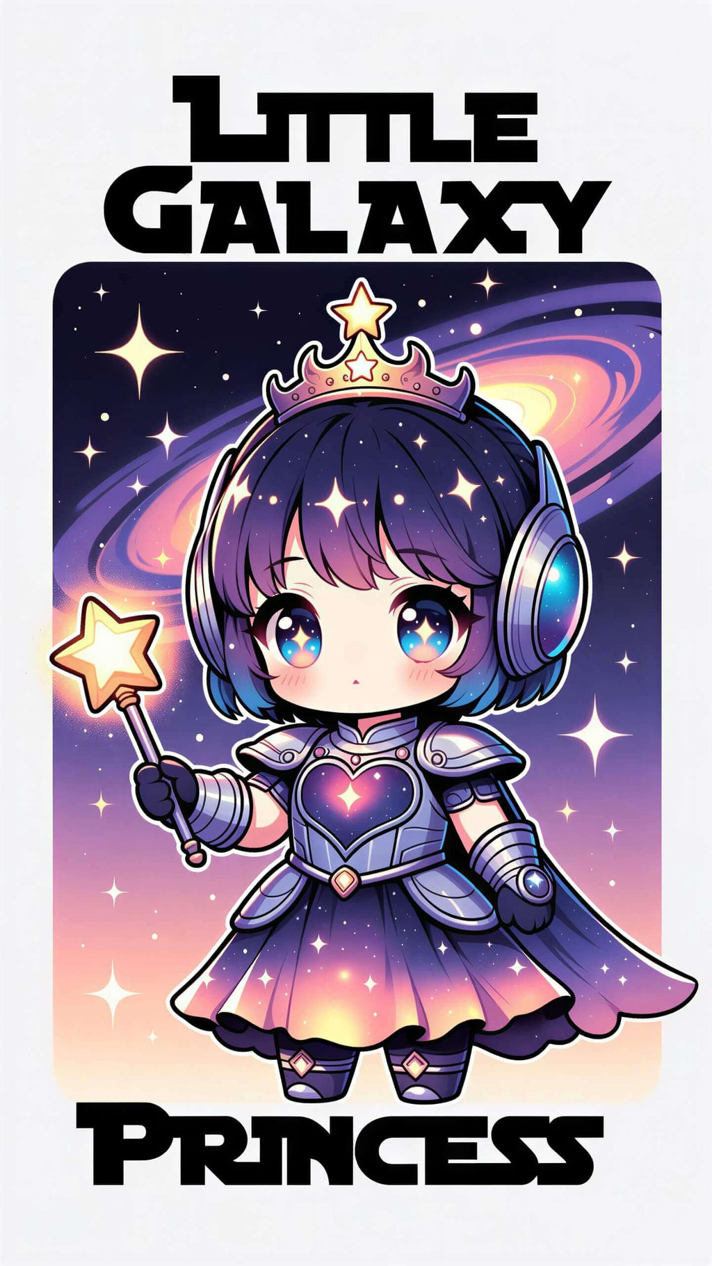 Little Galaxy Princess kids t-shirt featuring a cartoon girl in space attire with stars and a galaxy background.