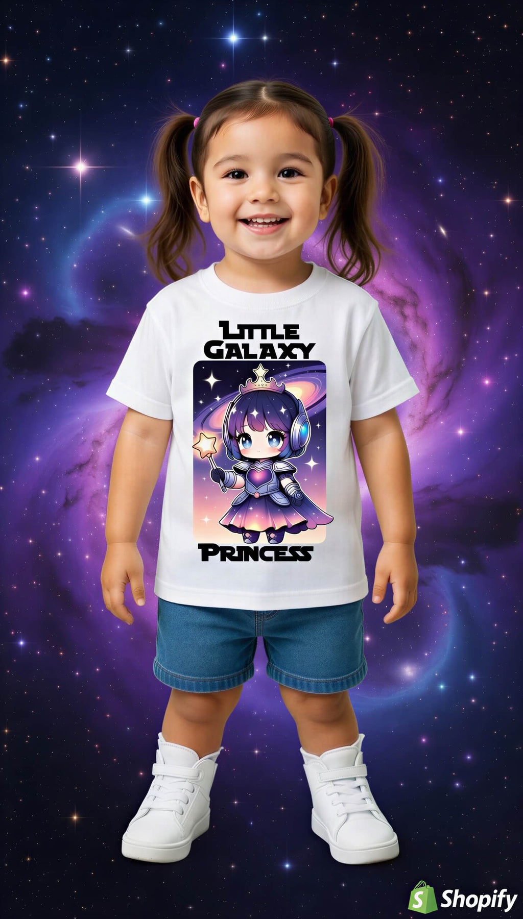 Little Galaxy Princess kids t-shirt featuring a cartoon girl in space attire against a cosmic background.