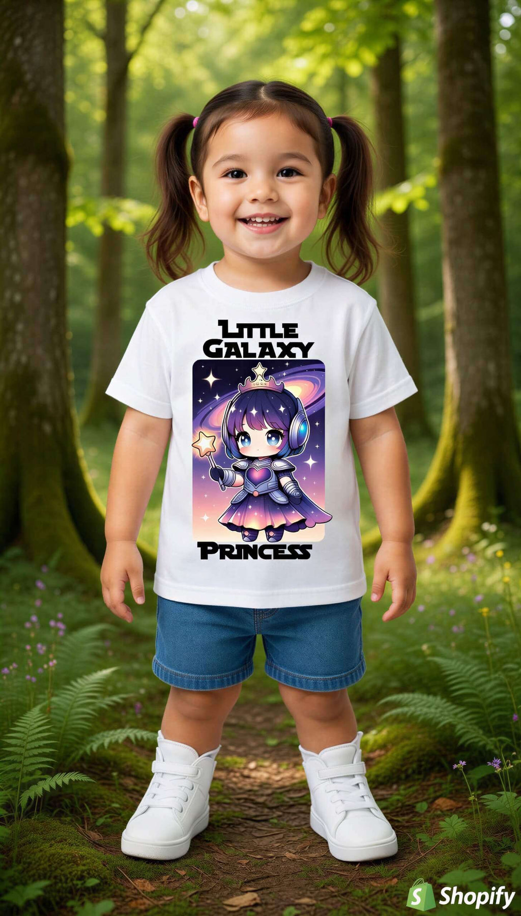 Little Galaxy Princess kids t-shirt featuring a cartoon character in space attire, worn by a smiling girl in a forest sett...
