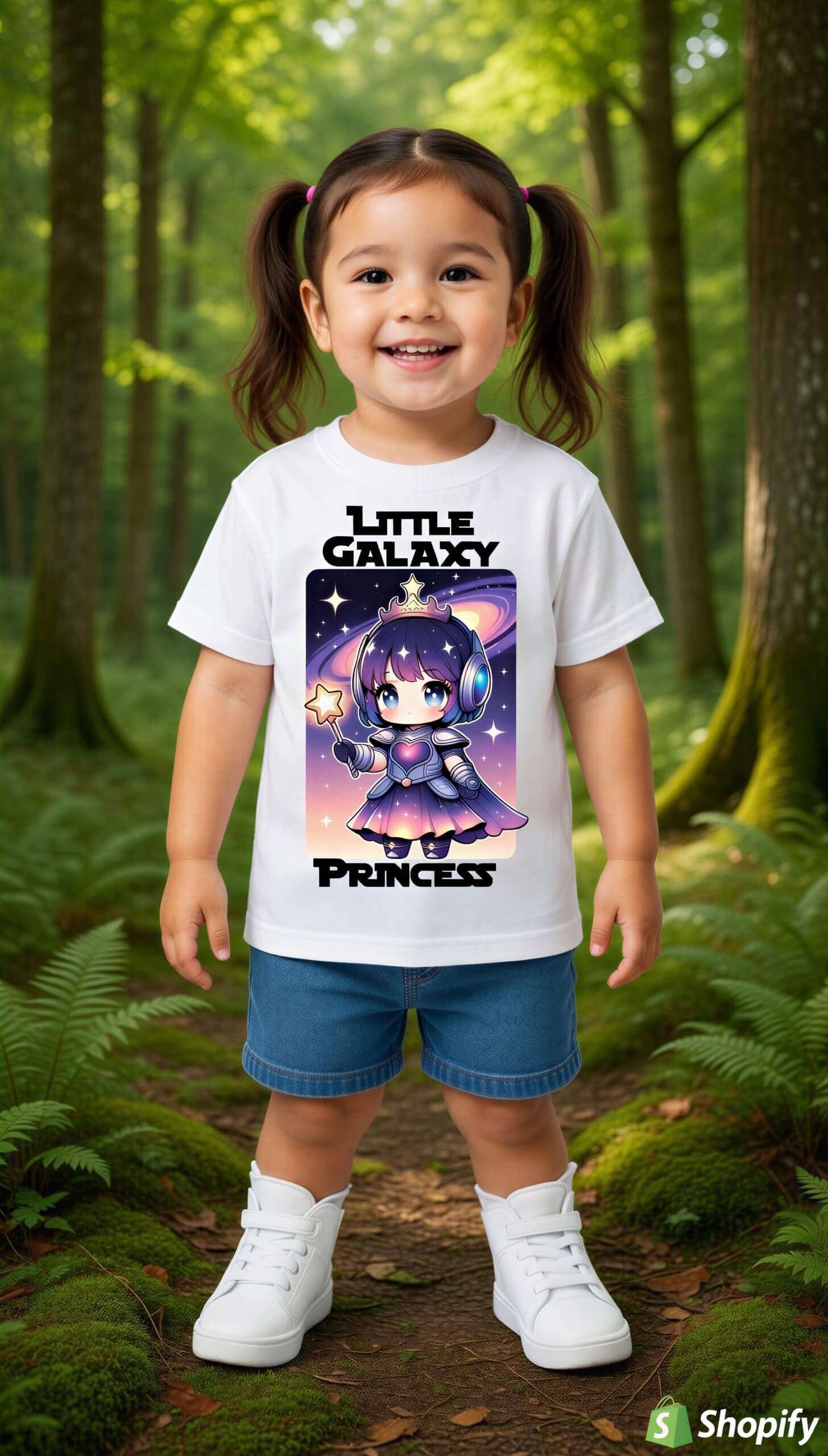 Little Galaxy Princess kids t-shirt featuring a cartoon girl in a space outfit, set in a forest background.