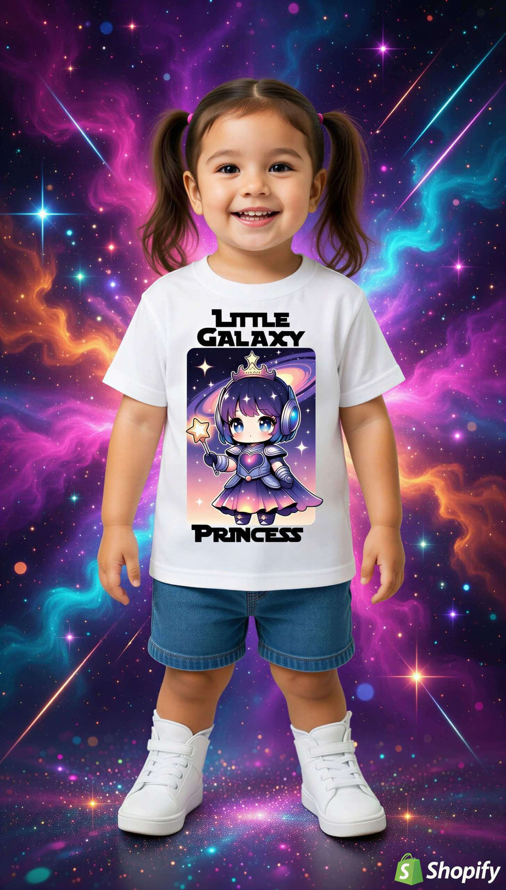 Little Galaxy Princess kids t-shirt featuring a cartoon character in space, worn by a smiling girl with pigtails.