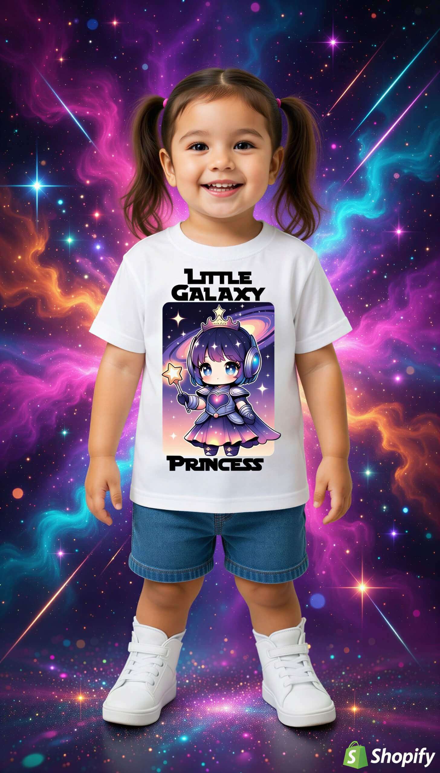 Little Galaxy Princess kids t-shirt featuring a cartoon character in space, worn by a smiling girl with pigtails.